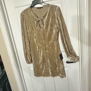 Lulu's Velvet Gold Dress deep cut long sleeve